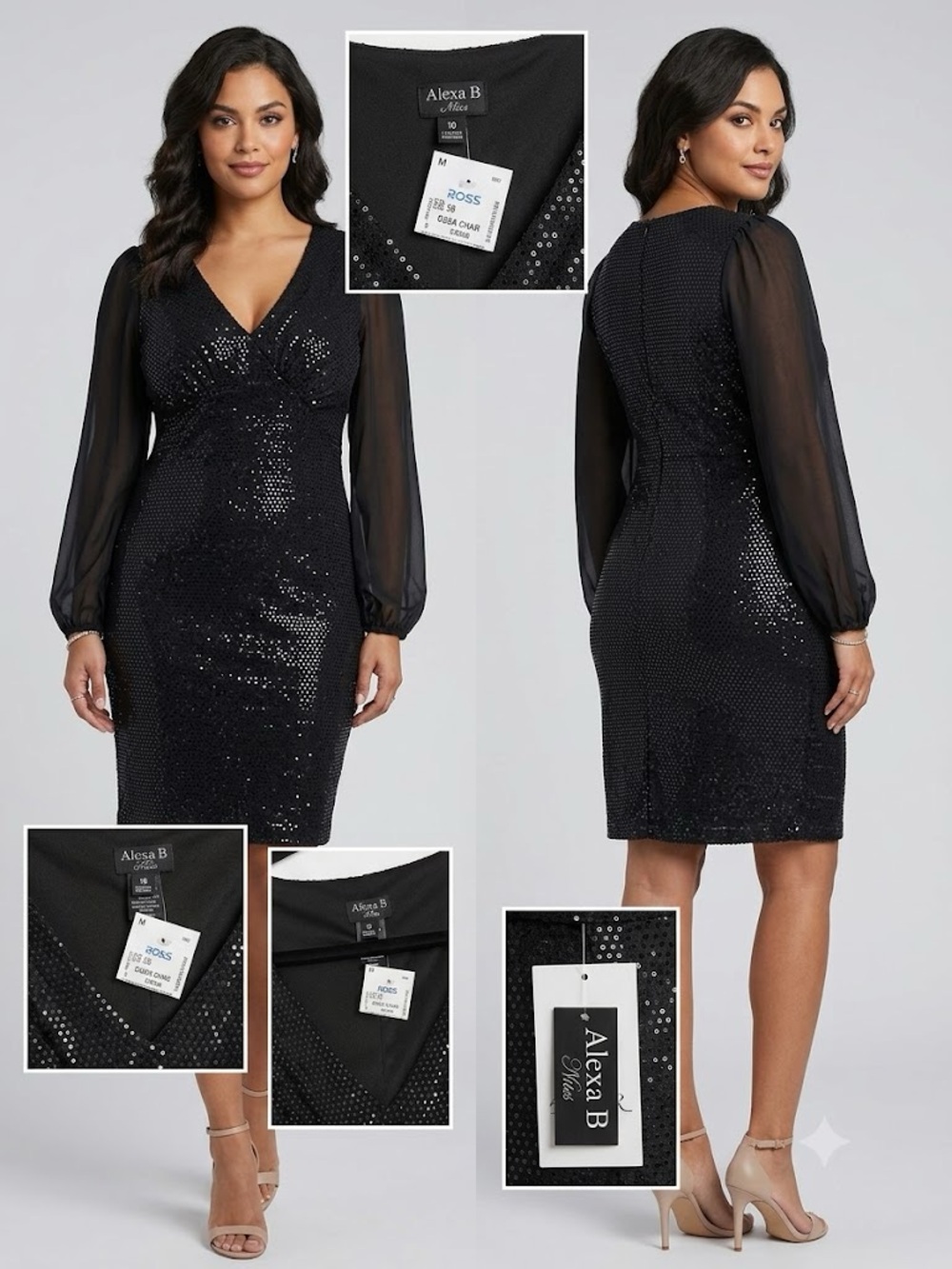 Alexa B Black Sequin Midi Dress with Sheer Long Sleeves
